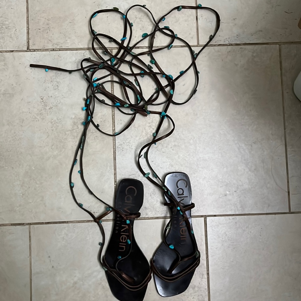 Calvin Klein Collection size 36 brown gladiator wrap sandal, with turquoise